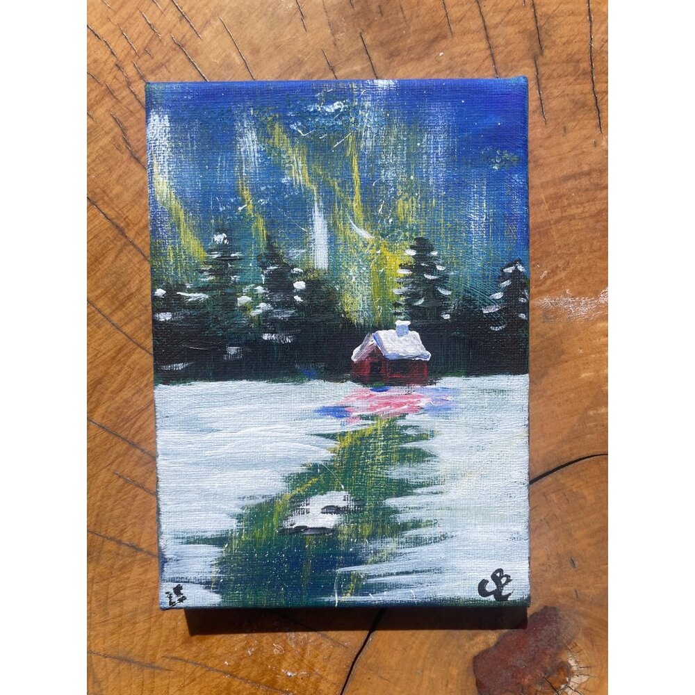Aurora Borealis Winter Scene Hand-Painted Canvas Art 5"x7" Miniature